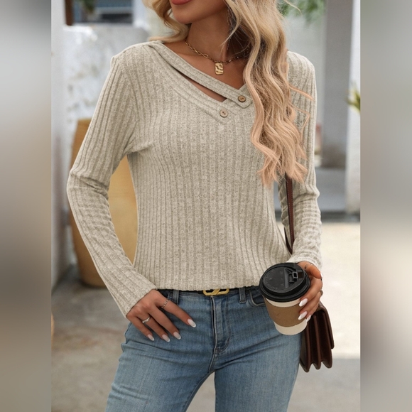 Mandy Ribbed V-Neck Long Sleeve T-Shirt - Picture 1 of 6